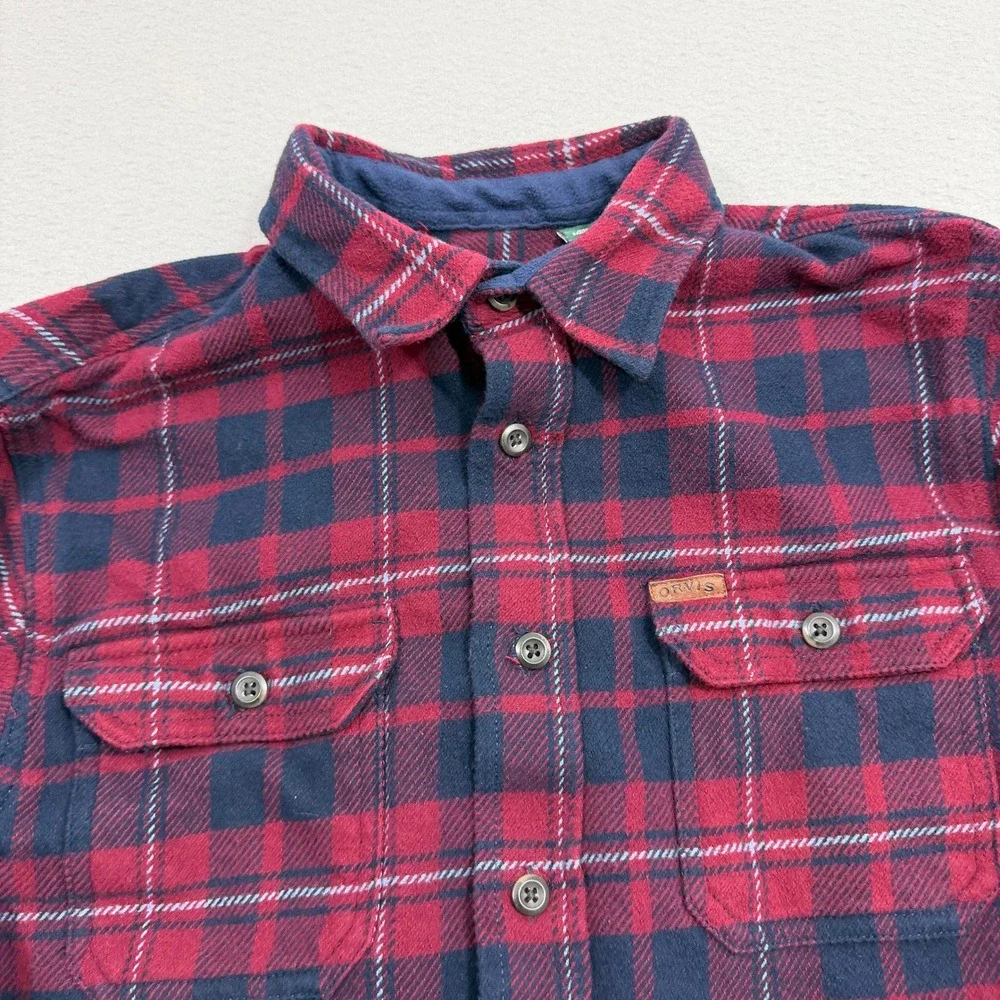 Orvis Shirt Medium Red Blue Plaid Flannel Fleece Lined Long Sleeve Button Up